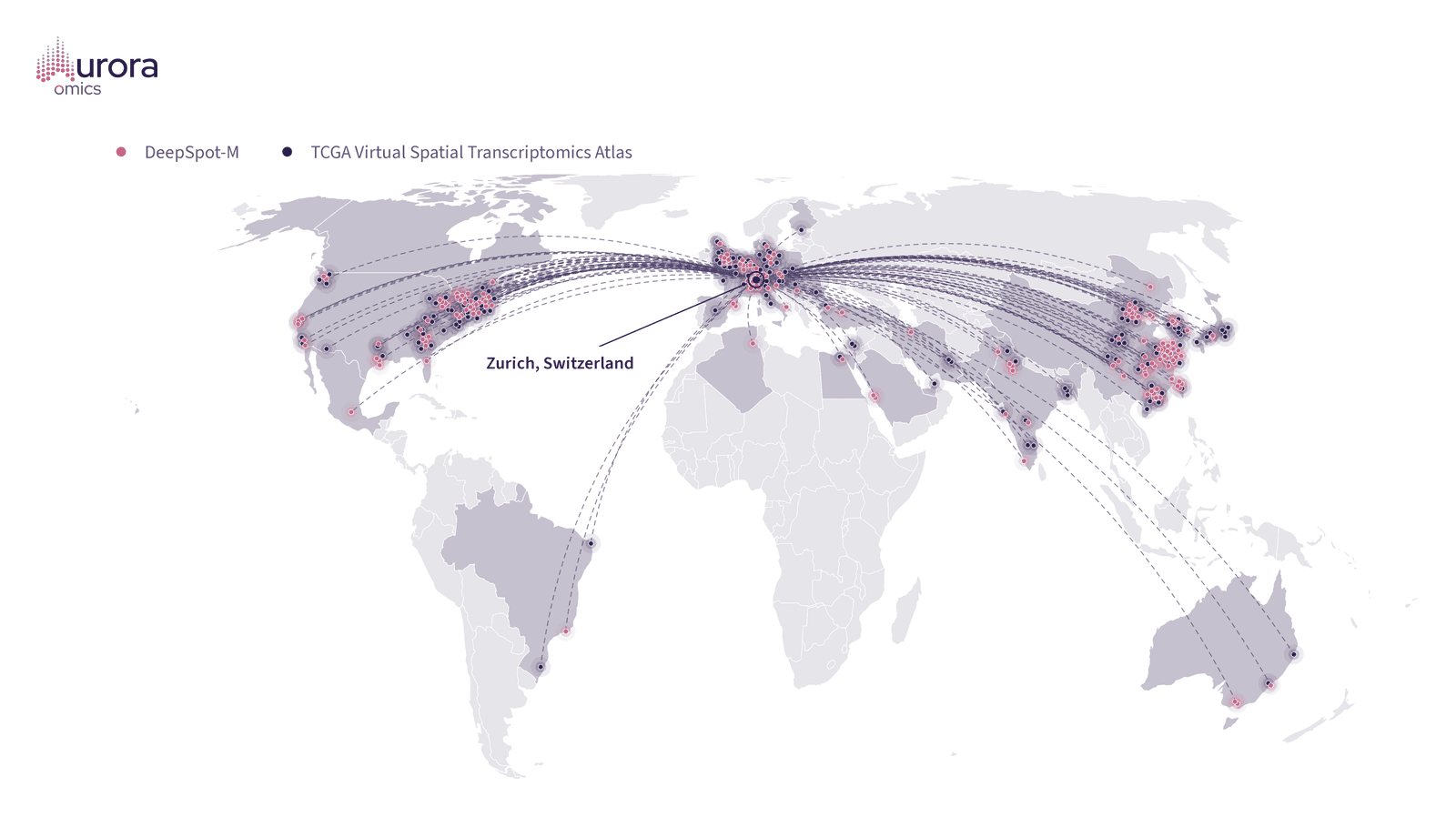 A world map with dashed arcs drawn from Zurich, Switzerland, to the cities of researchers granted access to DeepSpot-M or the TCGA Virtual Spatial Transcriptomics Atlas, in North and South America, Europe, Africa, Asia and Australia, densest in North America, Europe and East Asia.